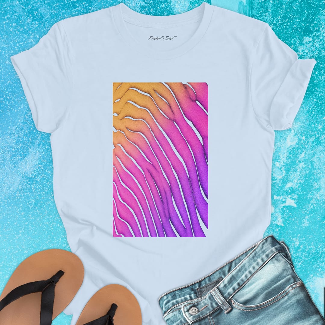Flowing wave patterns etched in sand light blue t-shirt for water signature sand memory imprint flow spiritual marking
