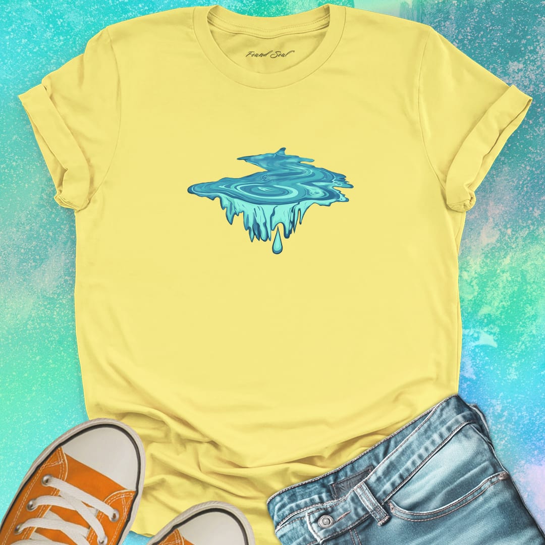 Water droplet portal with dripping icicles yellow t-shirt for eternity depth endless falling water wisdom spiritual trust bottomless