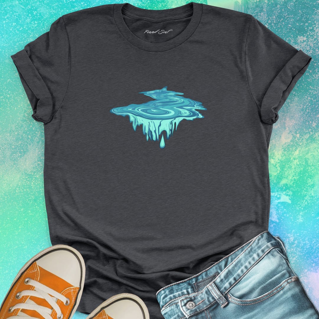 Water droplet portal with dripping icicles dark grey t-shirt for eternity depth endless falling water wisdom spiritual trust bottomless