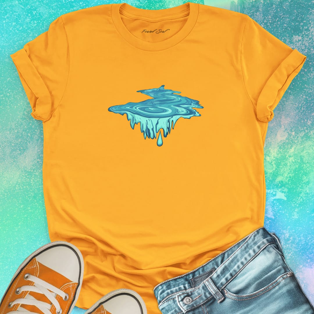 Water droplet portal with dripping icicles yellow t-shirt for eternity depth endless falling water wisdom spiritual trust bottomless