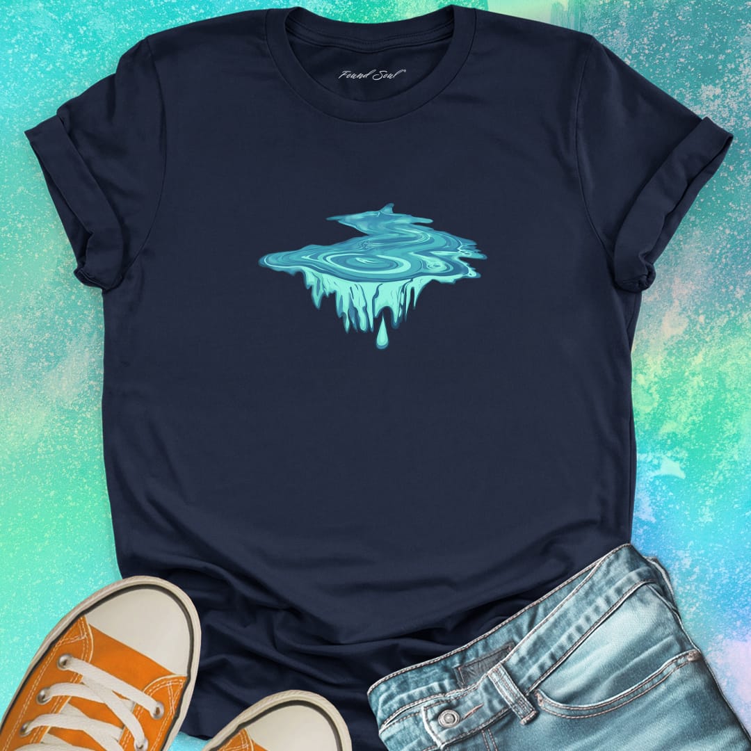 Water droplet portal with dripping icicles navy t-shirt for eternity depth endless falling water wisdom spiritual trust bottomless