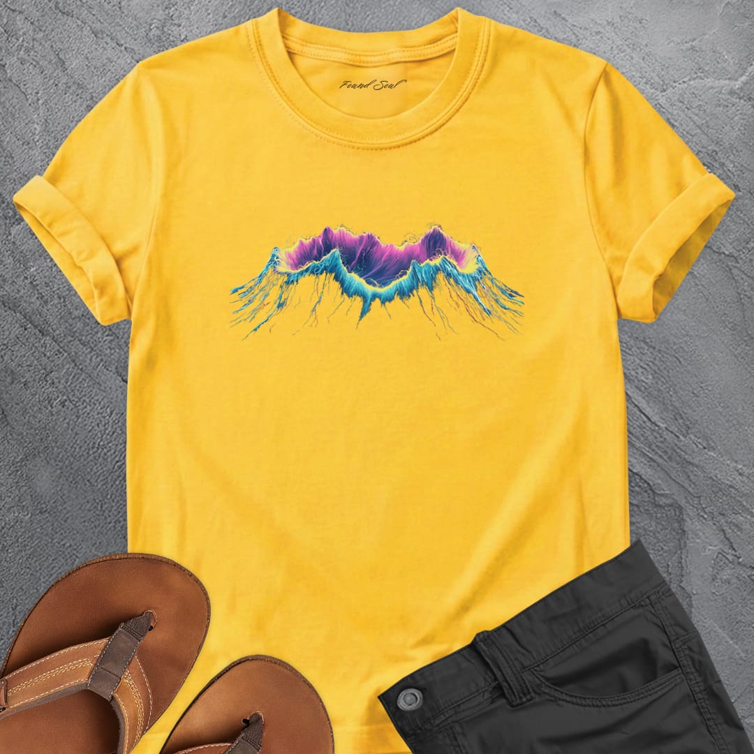 Glowing ancient volcano yellow t-shirt for creative fire core power earth shaping spiritual strength