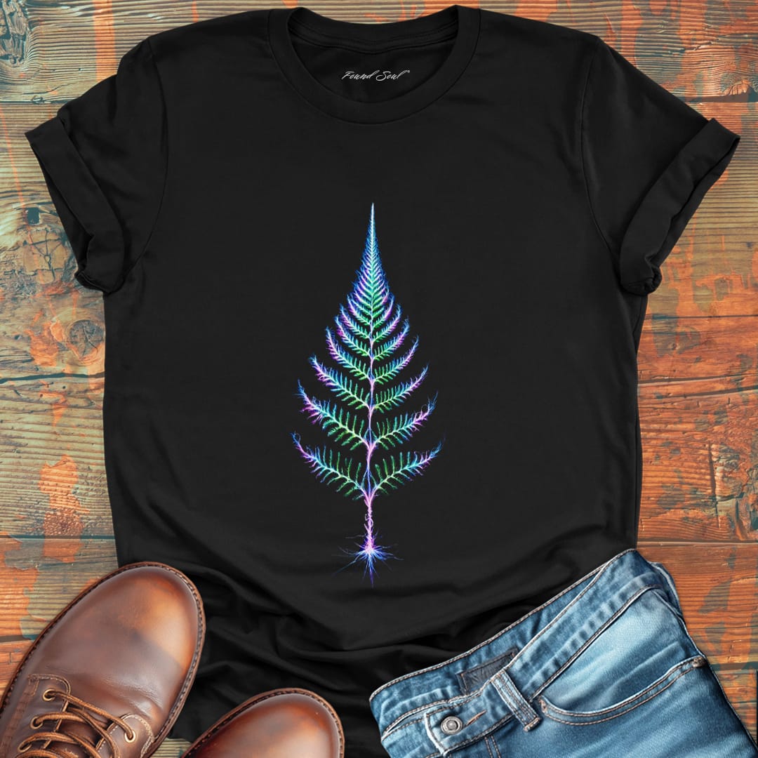 Glowing fern black t-shirt for slow growth and patience.