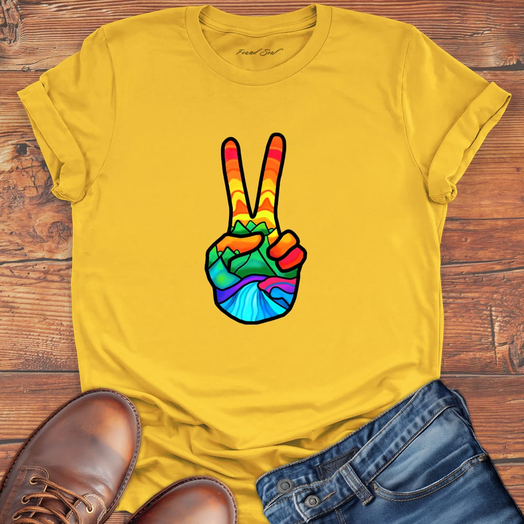 Vibrant peace hand filled with nature yellow t-shirt for finding peace wilderness ease nature grounding spiritual calm