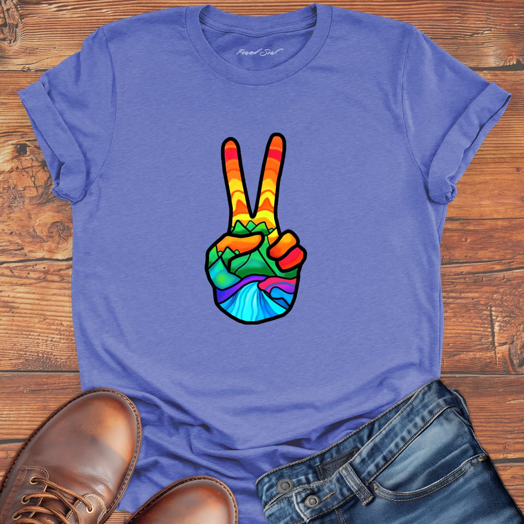 Vibrant peace hand filled with nature purple t-shirt for finding peace wilderness ease nature grounding spiritual calm