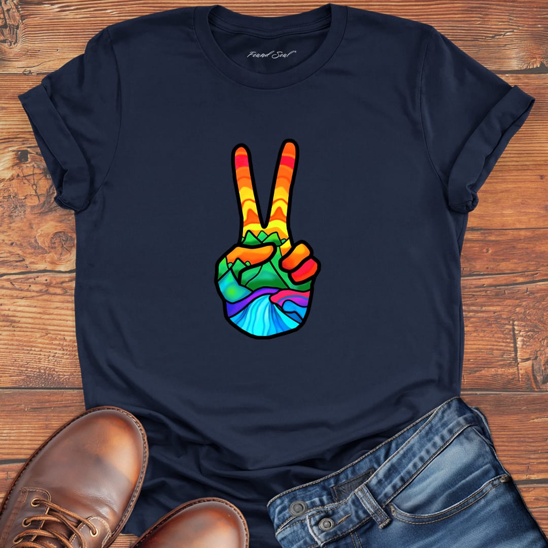 Vibrant peace hand filled with nature navy t-shirt for finding peace wilderness ease nature grounding spiritual calm