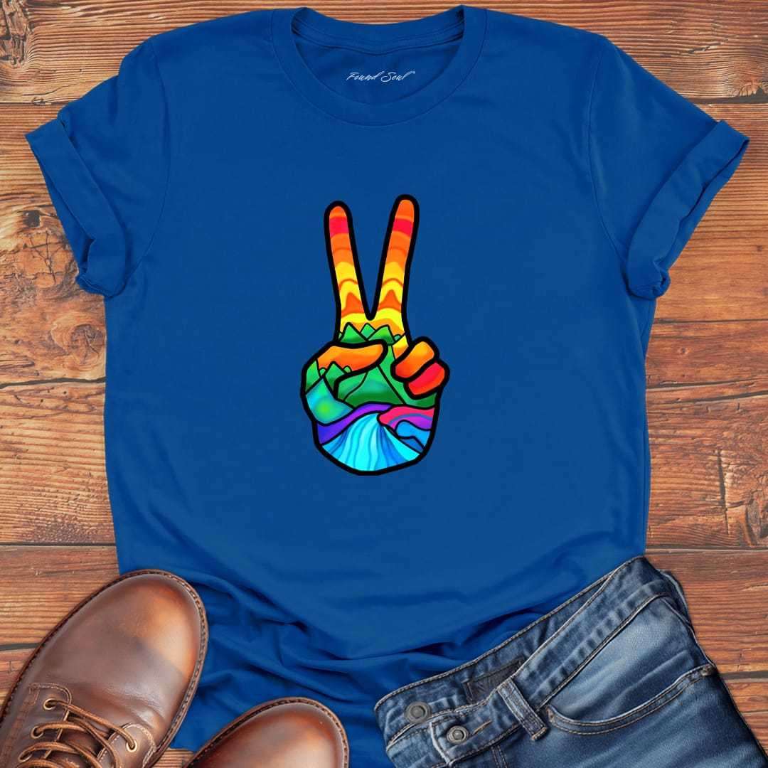 Vibrant peace hand filled with nature blue t-shirt for finding peace wilderness ease nature grounding spiritual calm
