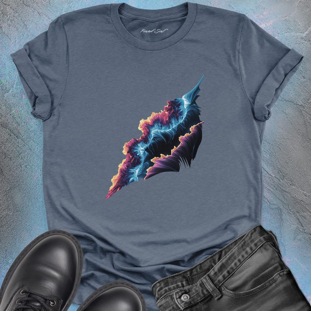 Cosmic form split between orange flame and icy blue on grey t-shirt for balance alchemy duality mastery spiritual transformation
