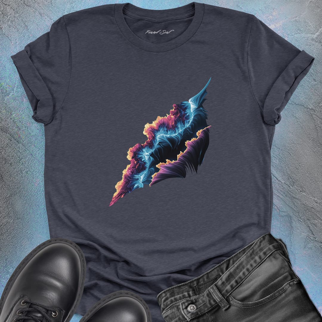 Cosmic form split between orange flame and icy blue on grey t-shirt for balance alchemy duality mastery spiritual transformation