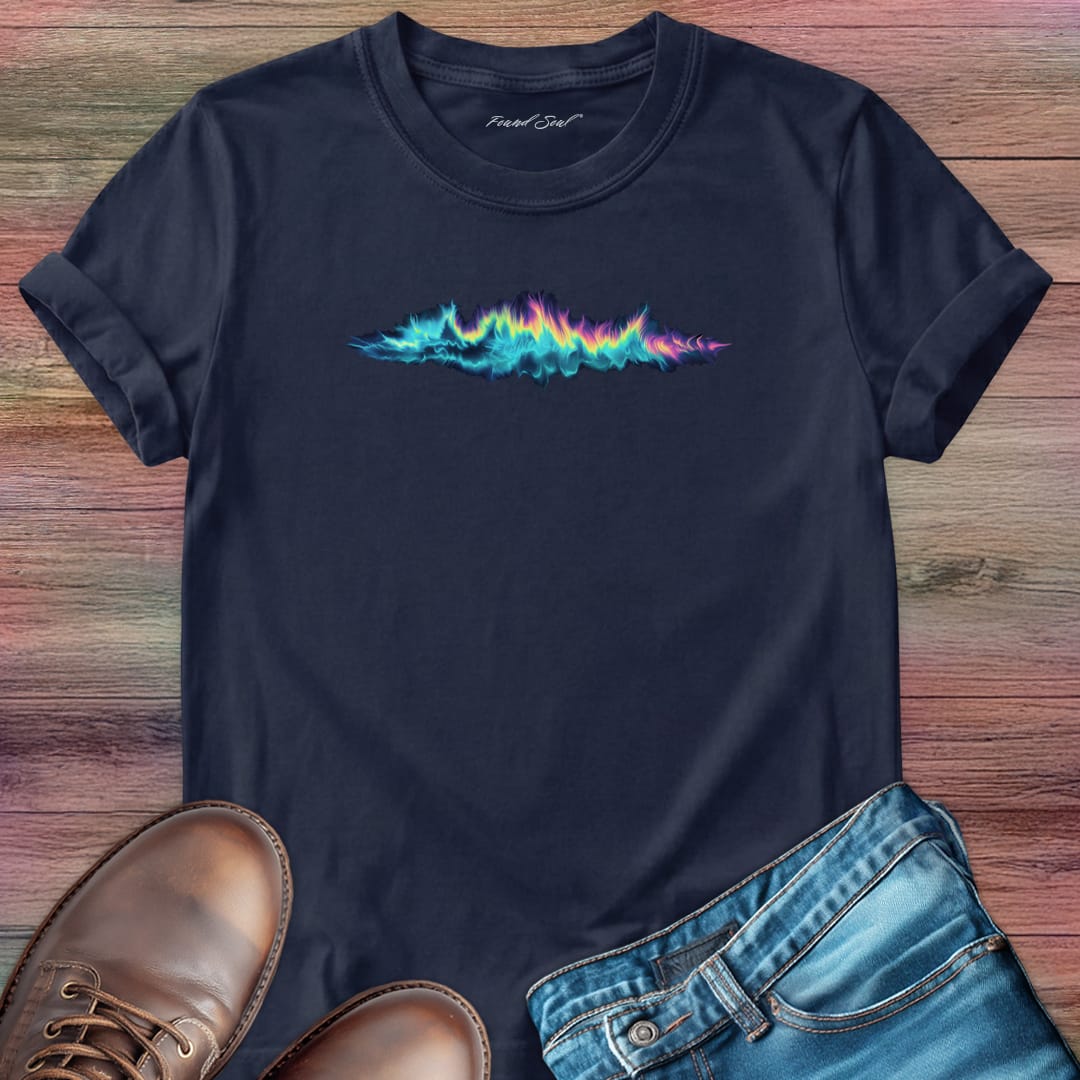 Vibrant rainbow soundwave with electric edges navy t-shirt for synesthesia frequency color sound light collision spiritual music fire sky