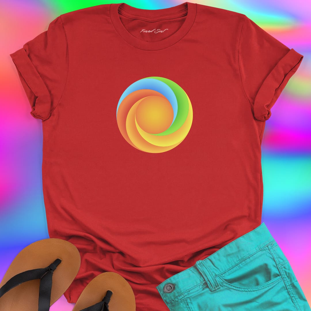 Found Soul® radiant spiral rainbow energy red t-shirt for flow state and non linear growth.