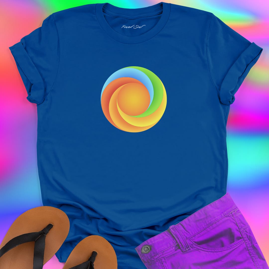 Found Soul® radiant spiral rainbow energy blue t-shirt for flow state and non linear growth.