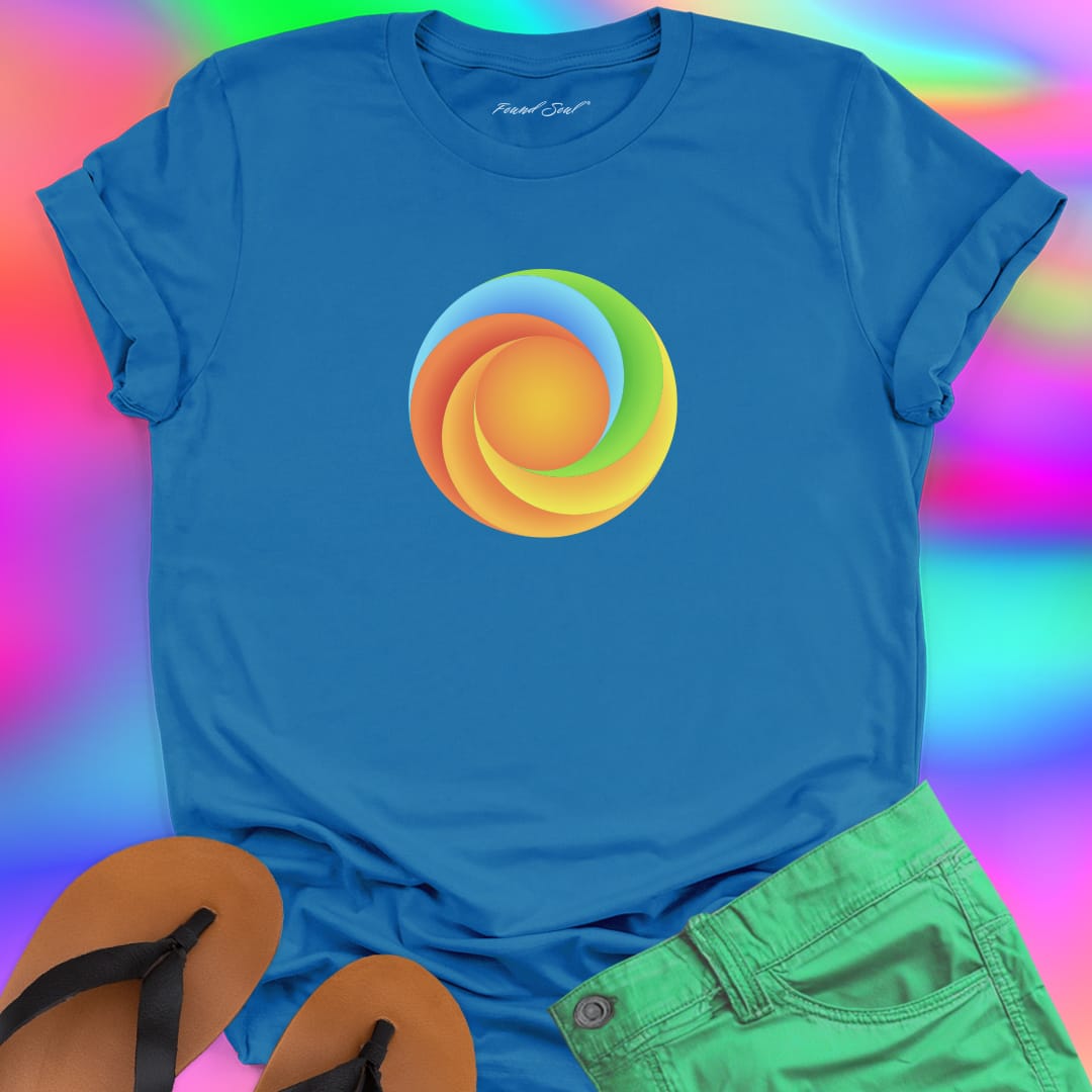 Found Soul® radiant spiral rainbow energy blue t-shirt for flow state and non linear growth.
