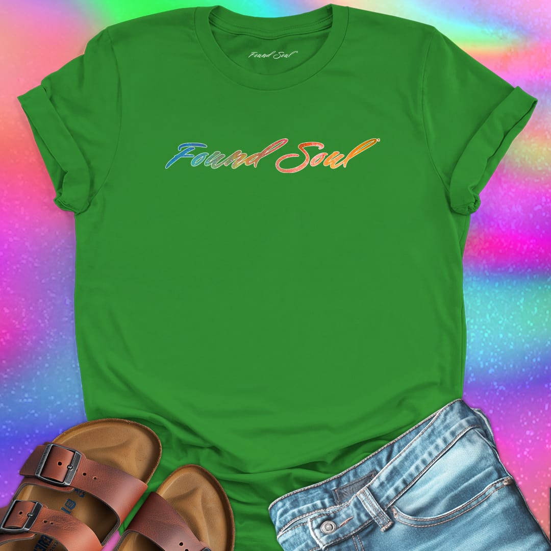 Found Soul® rainbow stars green t-shirt for stardust and cosmic inheritance.