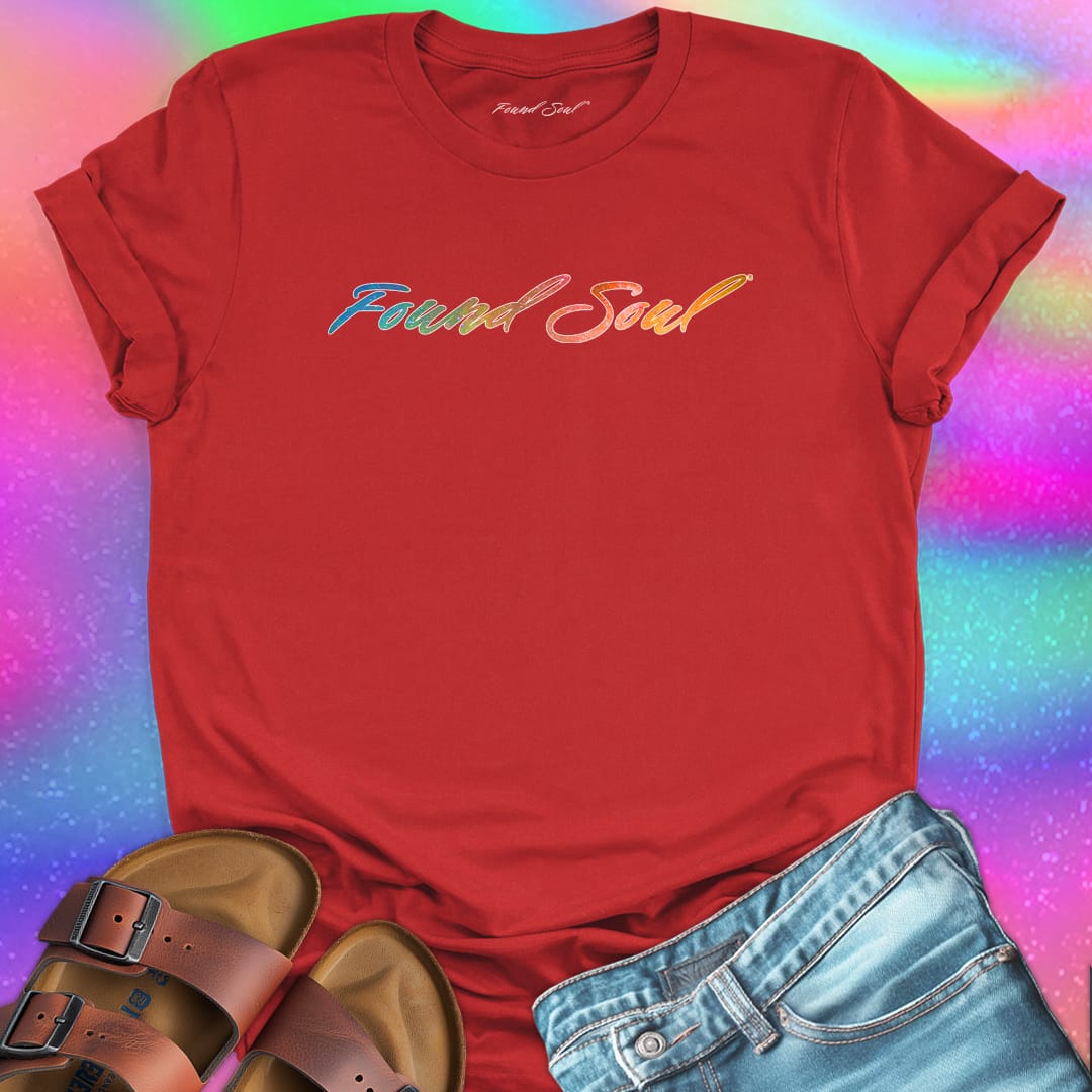 Found Soul® rainbow stars red t-shirt for stardust and cosmic inheritance.