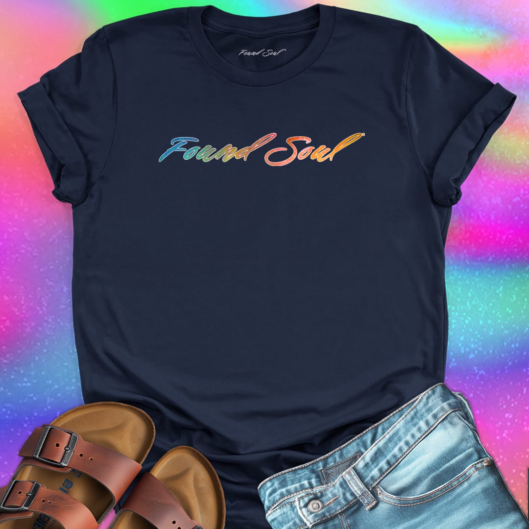 Found Soul® rainbow stars navy t-shirt for stardust and cosmic inheritance.