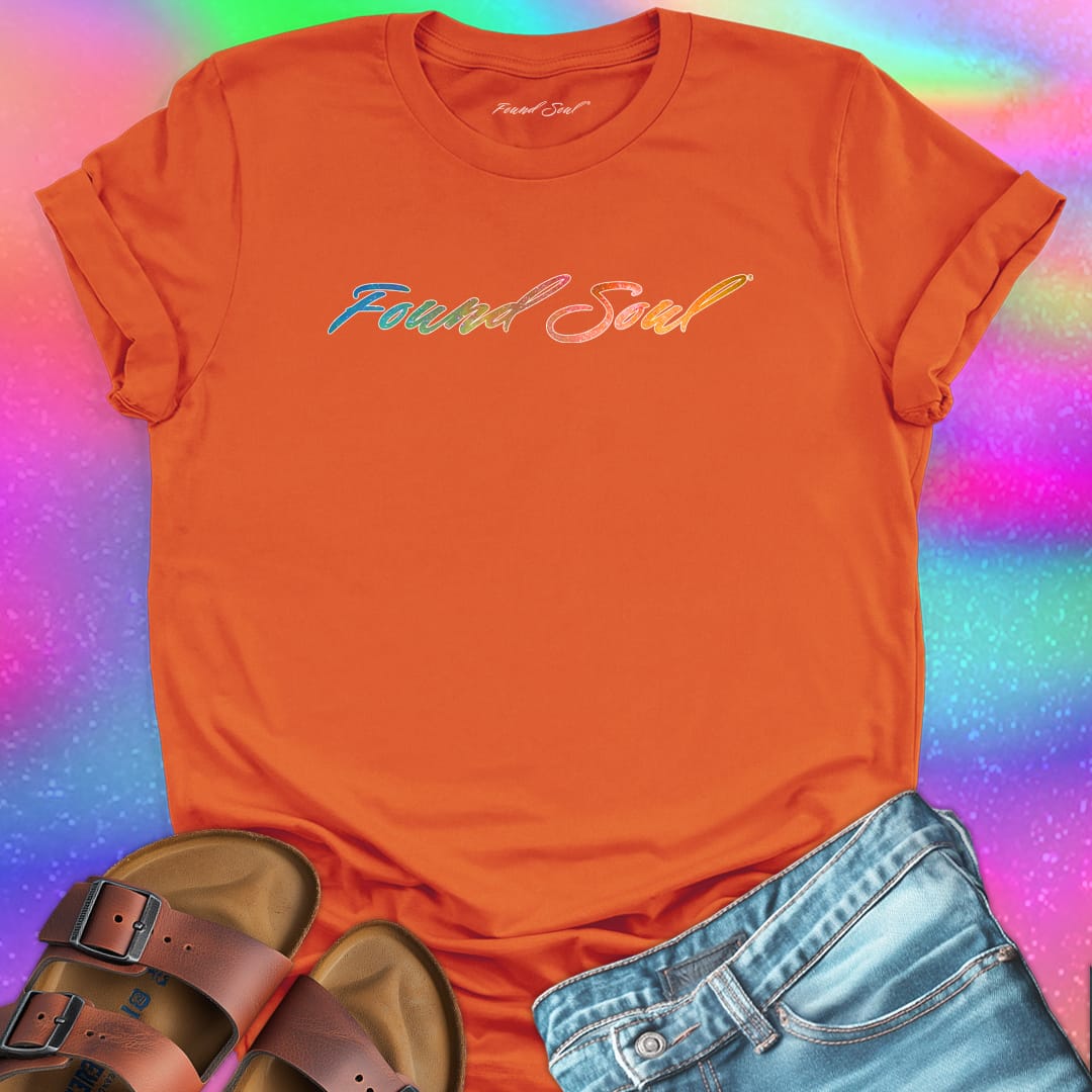 Found Soul® rainbow stars orange t-shirt for stardust and cosmic inheritance.