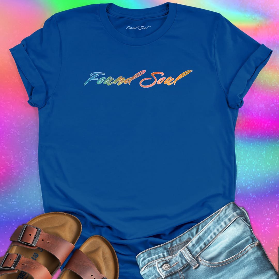 Found Soul® rainbow stars blue t-shirt for stardust and cosmic inheritance.