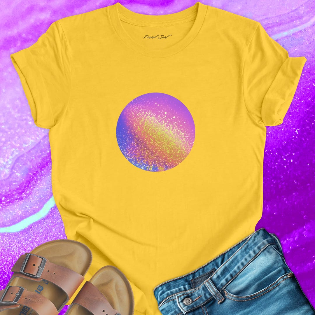 Sparkling galaxy sphere rainbow shimmer yellow t-shirt for cosmic complexity and wholeness.