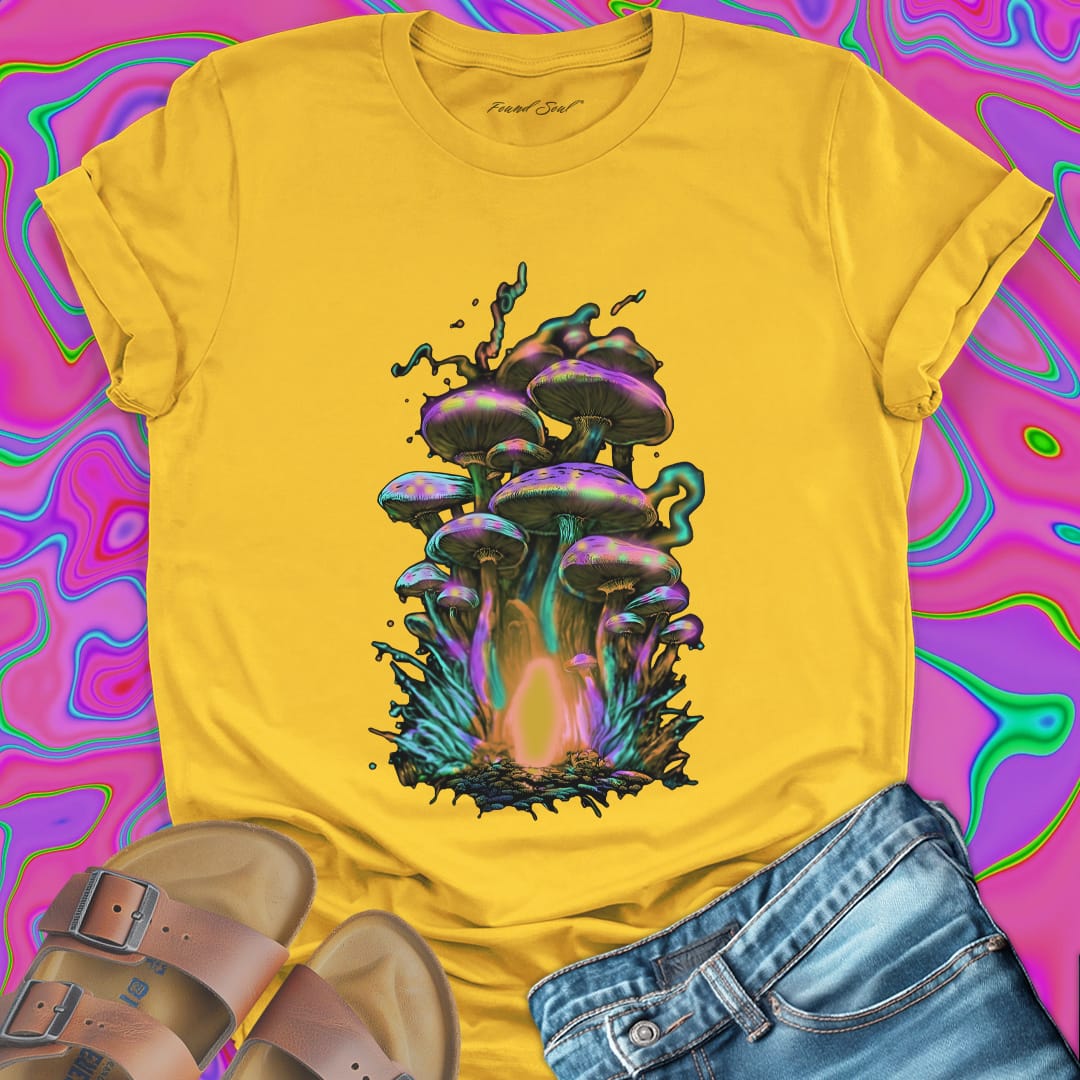Iridescent purple green gold mushroom cluster with glowing mycelium yellow t-shirt.