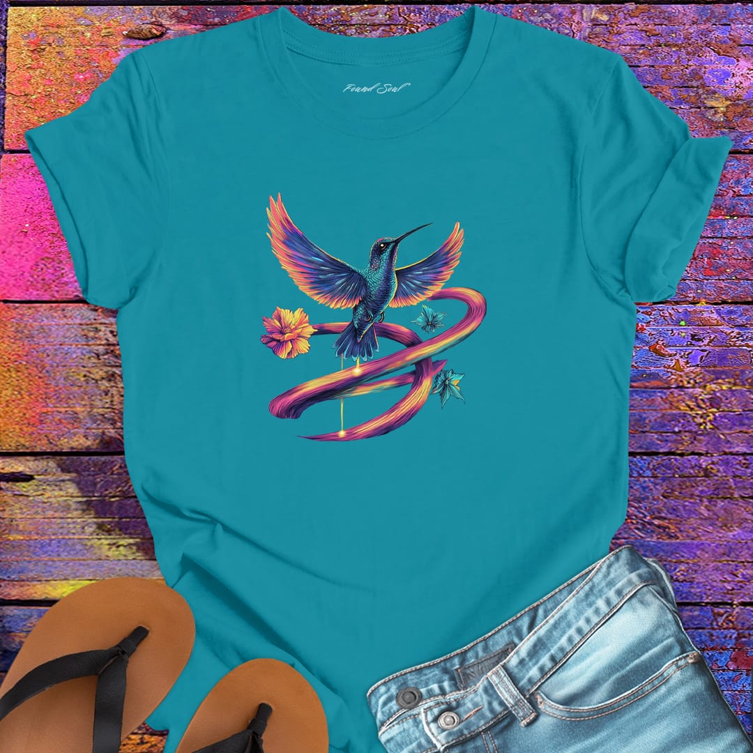 Vibrant hummingbird with flowing rainbow ribbon trails and flower turquoise t-shirt for flow state movement art presence spiritual beauty
