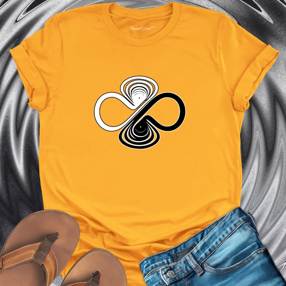 Infinity symbol with balance scales yellow t-shirt for equilibrium and wholeness spiritual apparel.