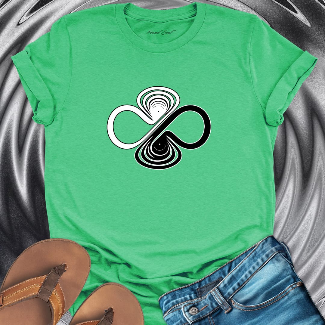 Infinity symbol with balance scales green t-shirt for equilibrium and wholeness spiritual apparel.