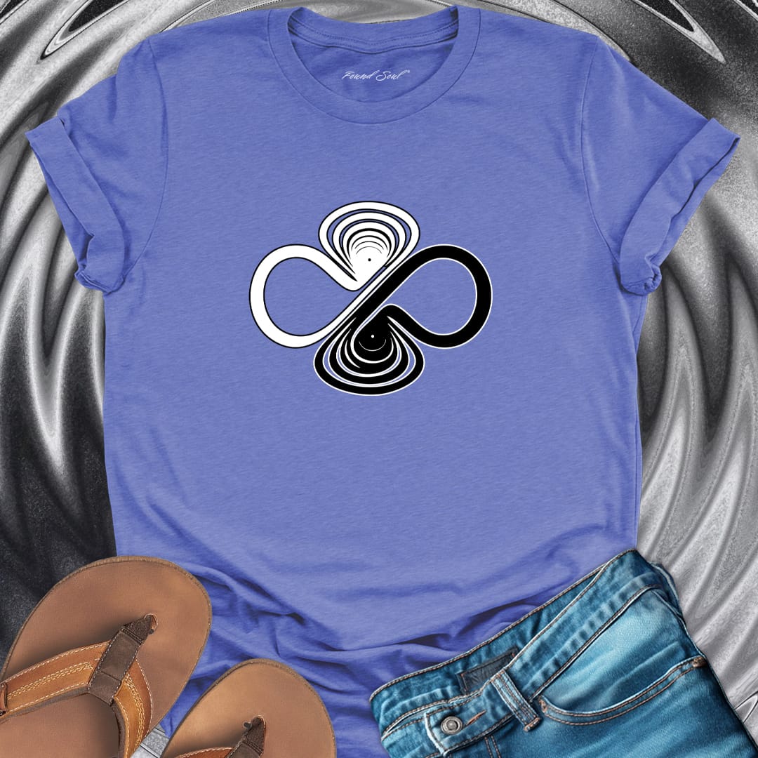 Infinity symbol with balance scales purple t-shirt for equilibrium and wholeness spiritual apparel.