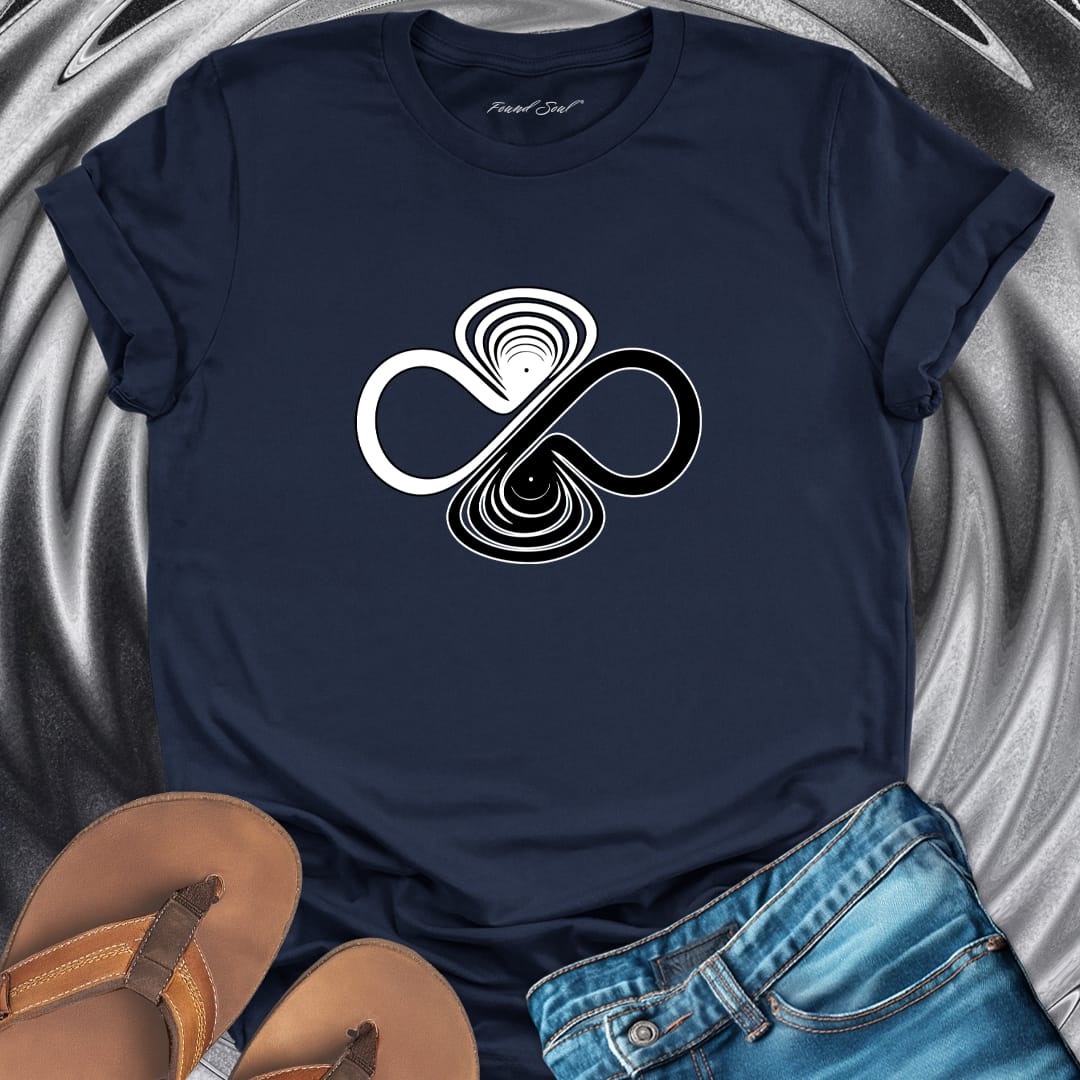 Infinity symbol with balance scales navy t-shirt for equilibrium and wholeness spiritual apparel.