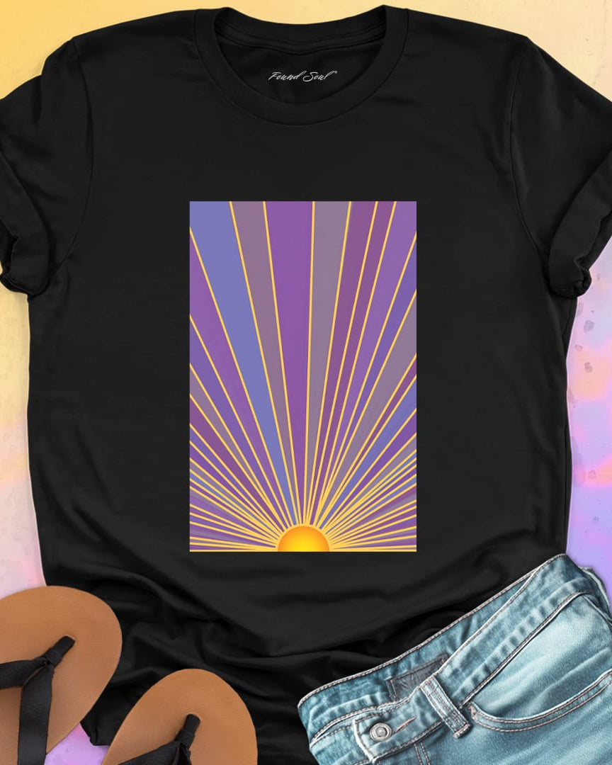 Sunrise with radiating rays in purple and gold black t-shirt for dawn watching infinite potential morning ritual