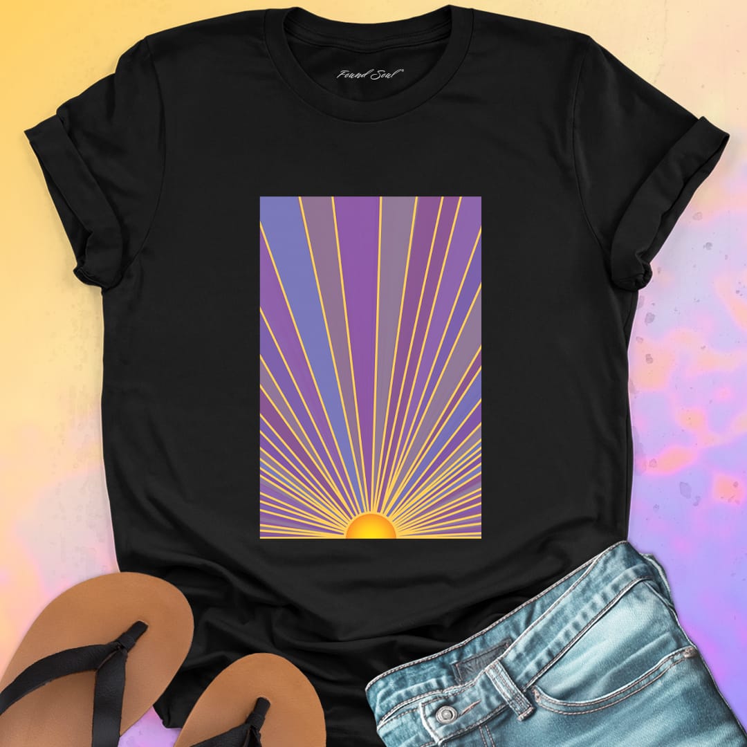 Sunrise with radiating rays in purple and gold black t-shirt for dawn watching infinite potential morning ritual