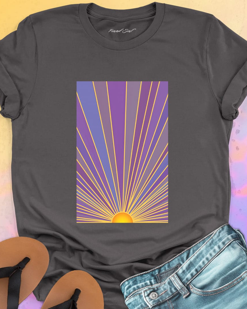 Sunrise with radiating rays in purple and gold grey t-shirt for dawn watching infinite potential morning ritual