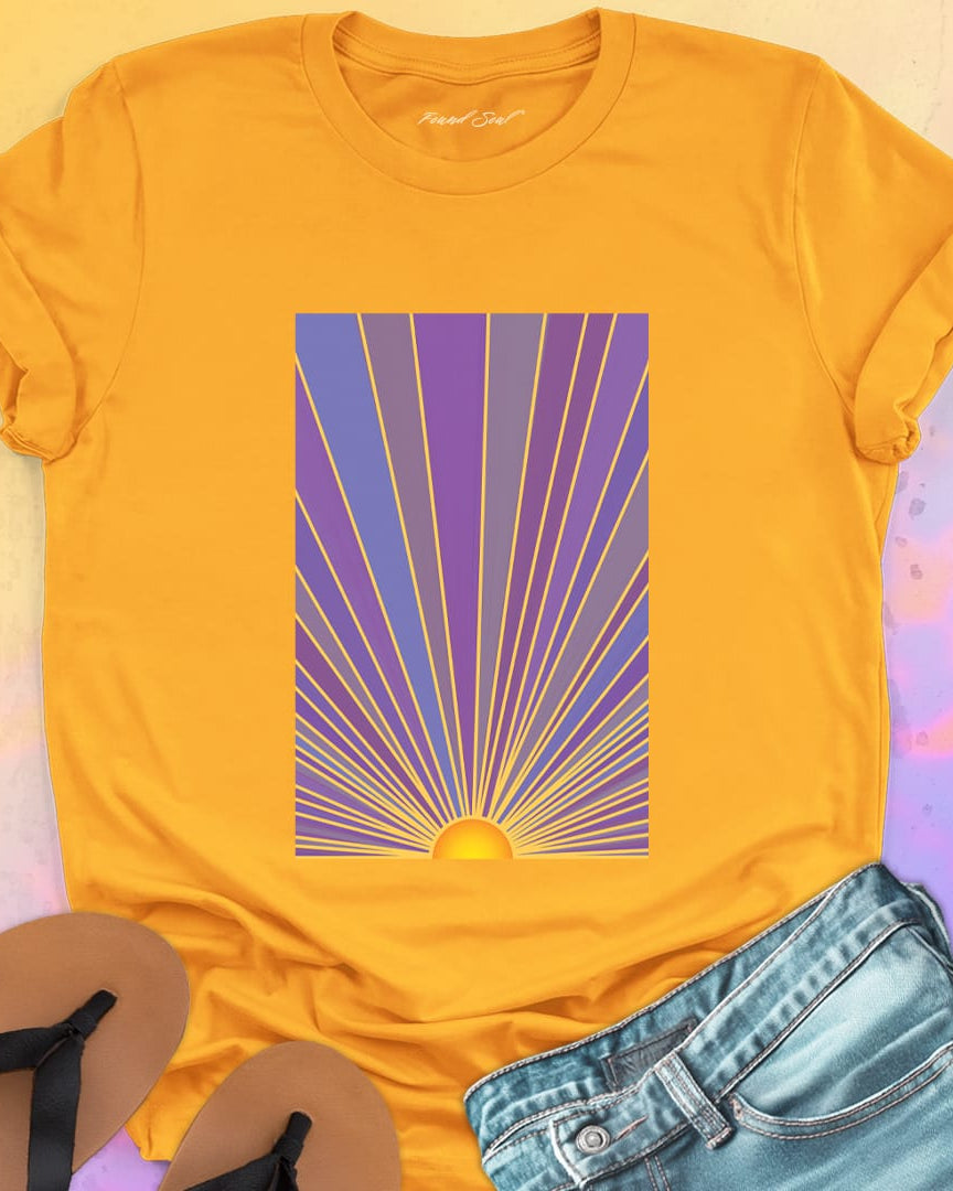 Sunrise with radiating rays in purple and gold gold t-shirt for dawn watching infinite potential morning ritual