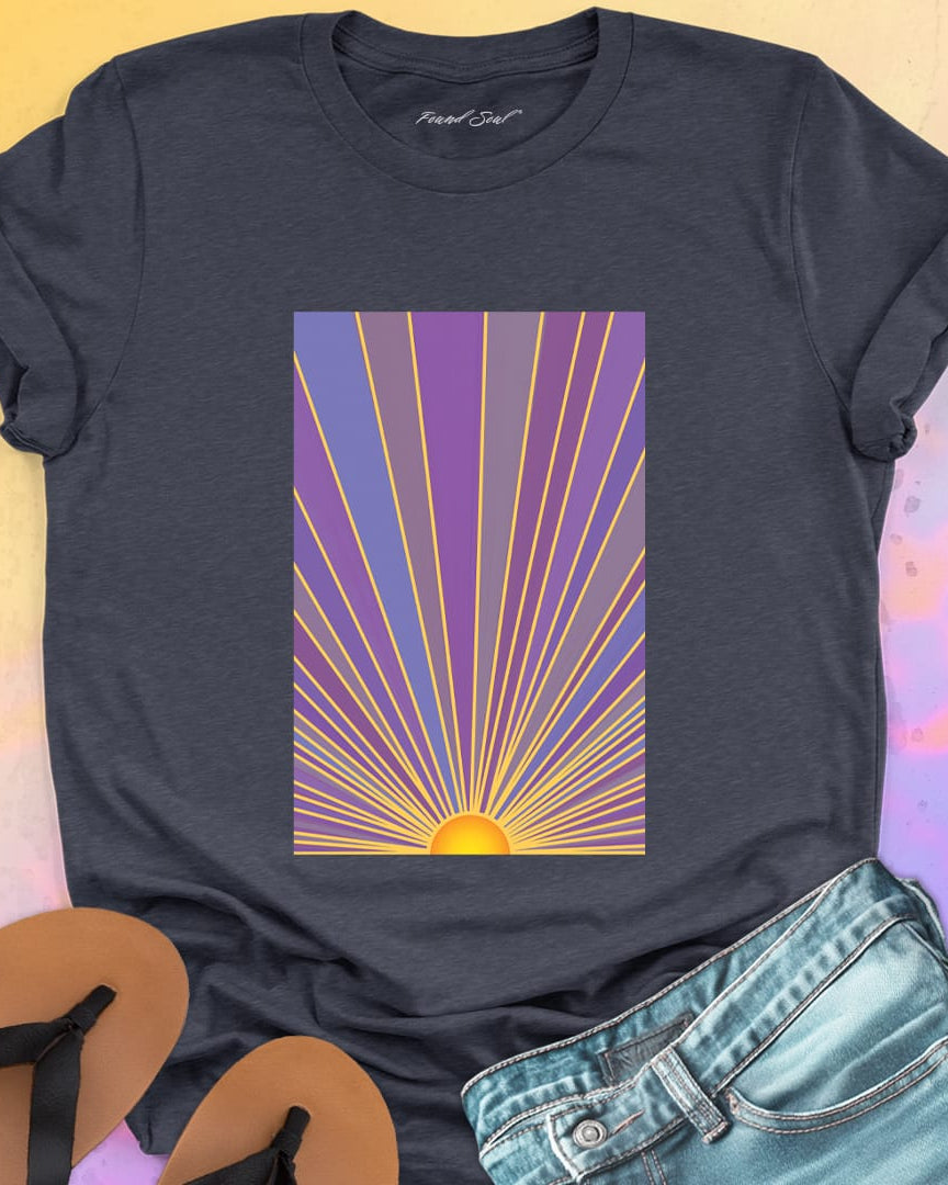 Sunrise with radiating rays in purple and gold dark grey t-shirt for dawn watching infinite potential morning ritual