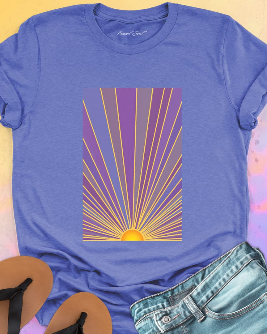 Sunrise with radiating rays in purple and gold purple t-shirt for dawn watching infinite potential morning ritual