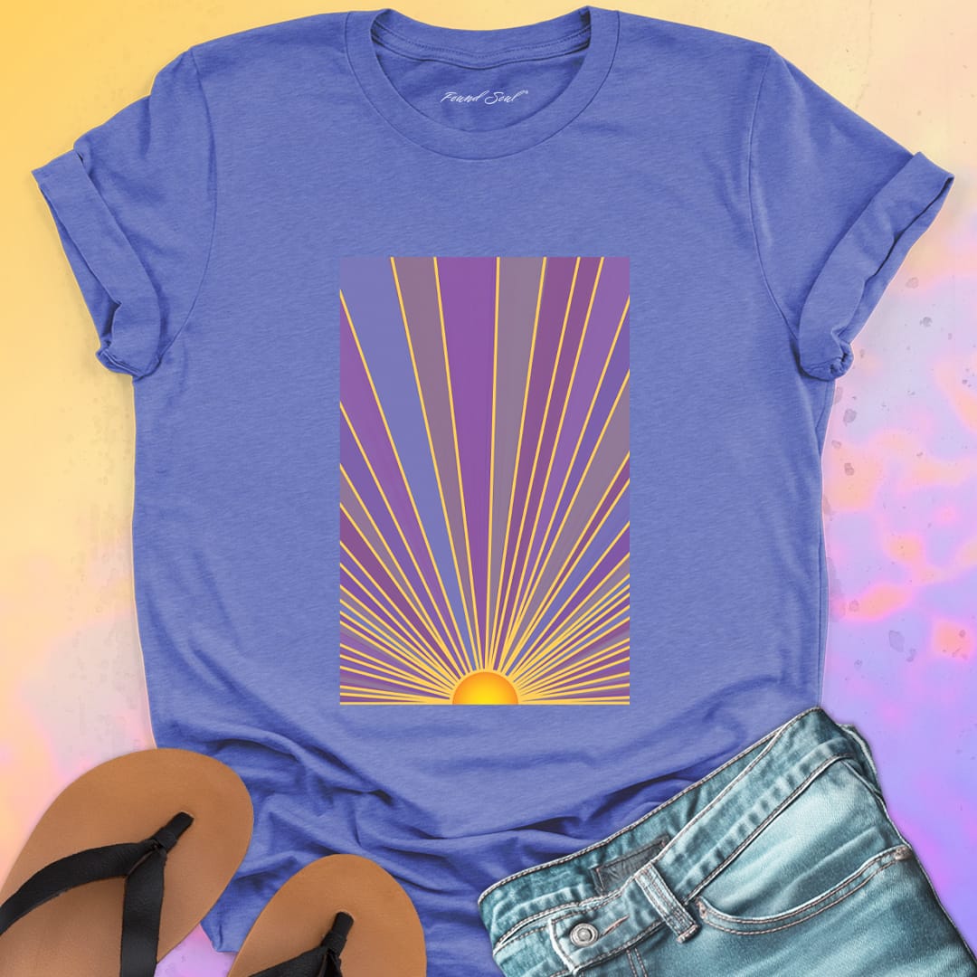 Sunrise with radiating rays in purple and gold purple t-shirt for dawn watching infinite potential morning ritual