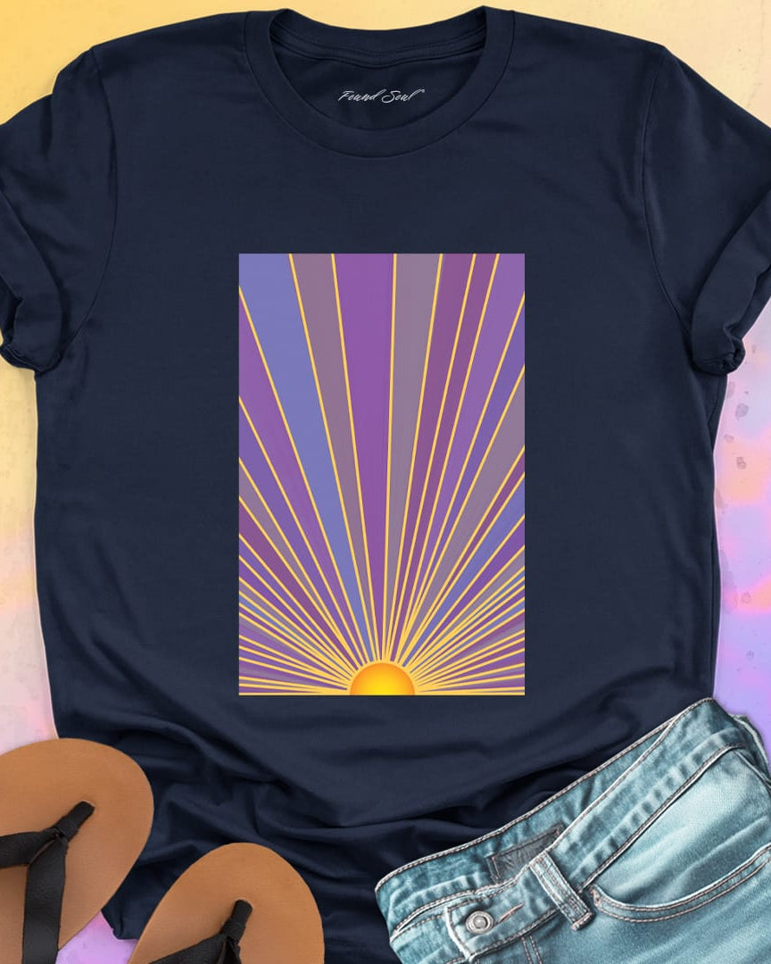 Sunrise with radiating rays in purple and gold navy t-shirt for dawn watching infinite potential morning ritual