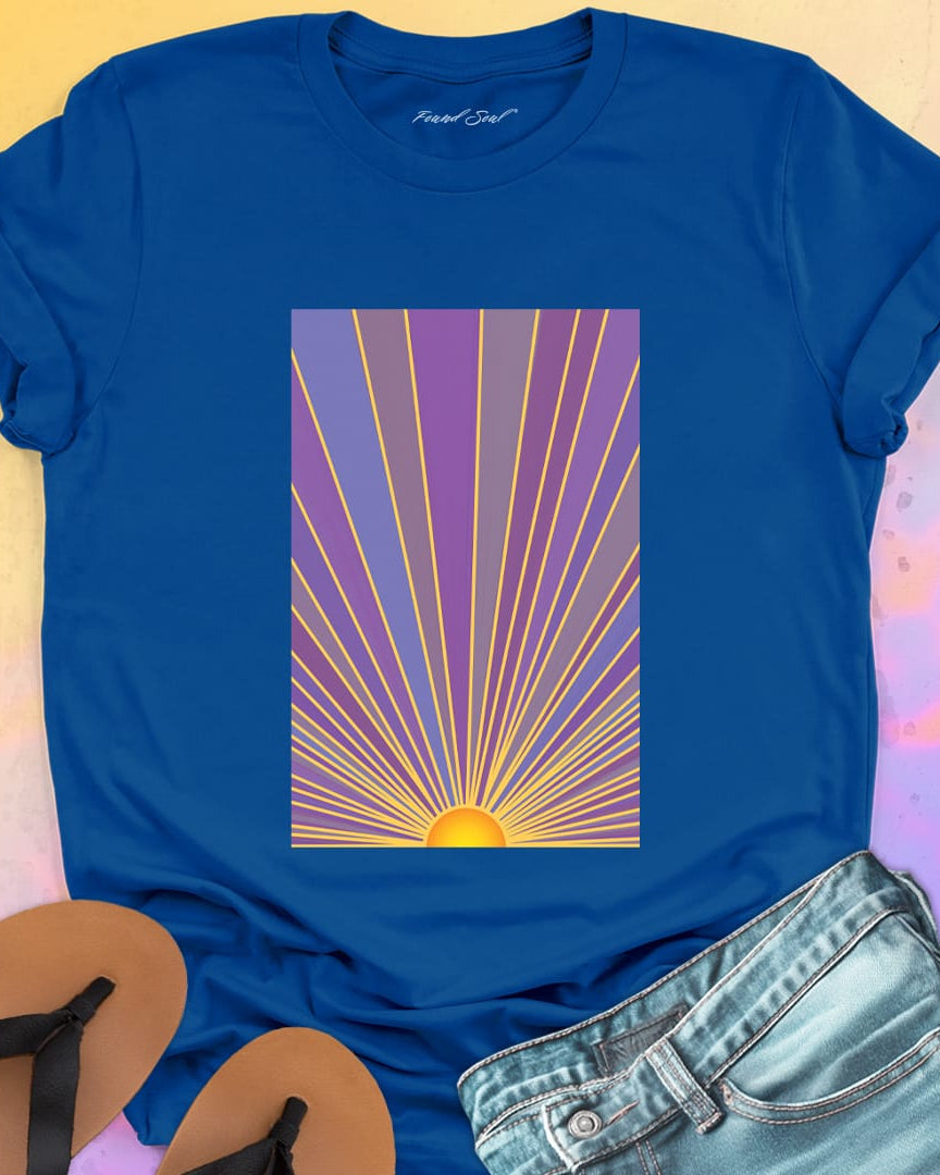 Sunrise with radiating rays in purple and gold blue t-shirt for dawn watching infinite potential morning ritual