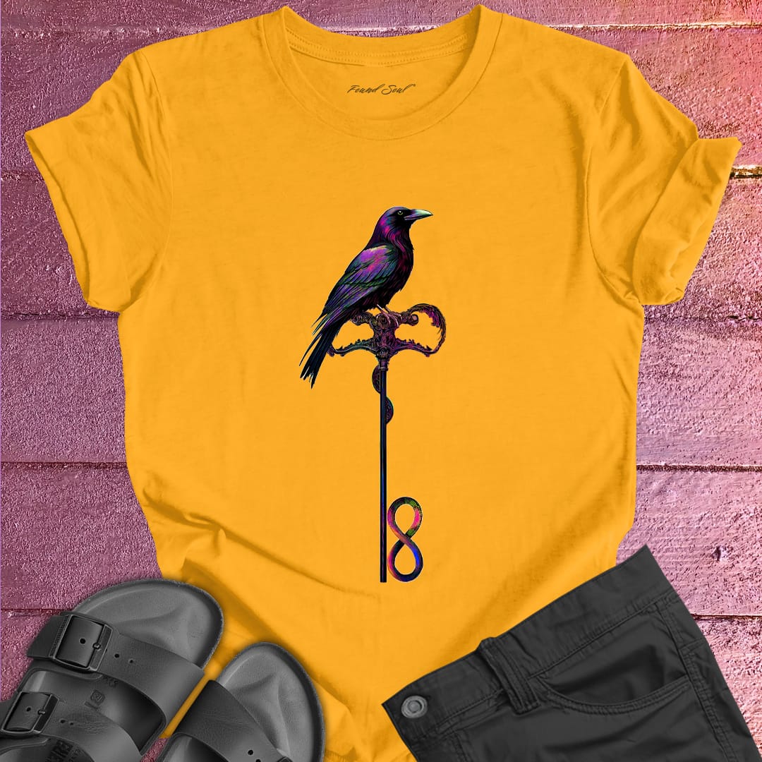 Vibrant bird perched on infinity symbol key on yellow t-shirt for freedom access unlocking infinity spiritual liberation key