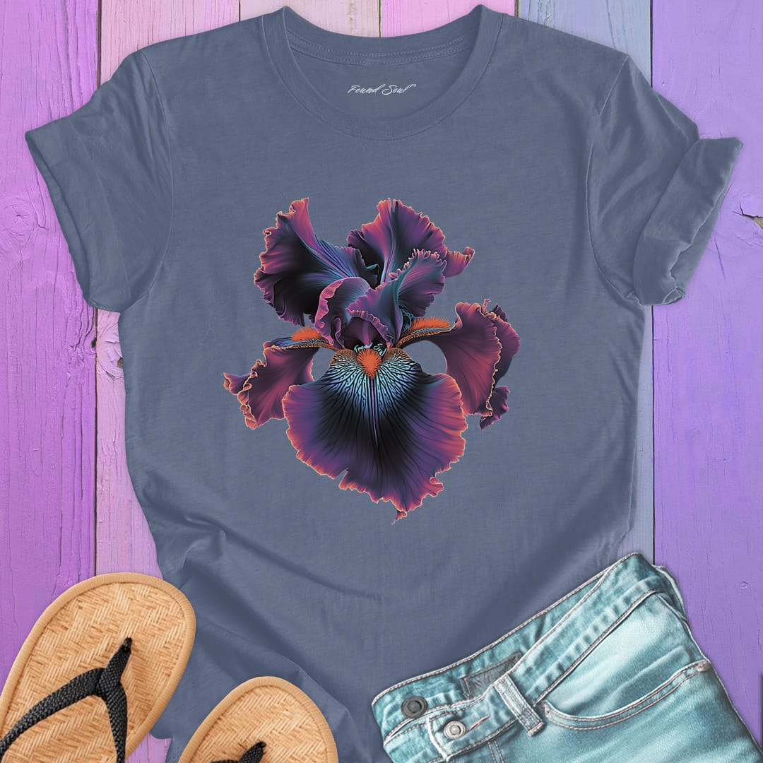 Dramatic iris flower grey t-shirt for twilight blooming threshold transformation edge dwelling spiritual radiance