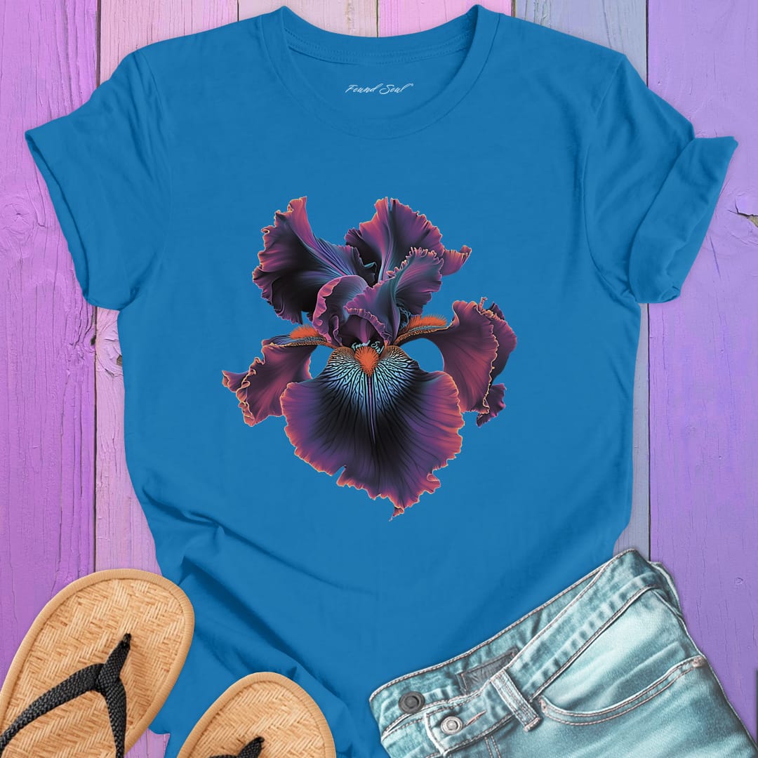 Dramatic iris flower blue t-shirt for twilight blooming threshold transformation edge dwelling spiritual radiance