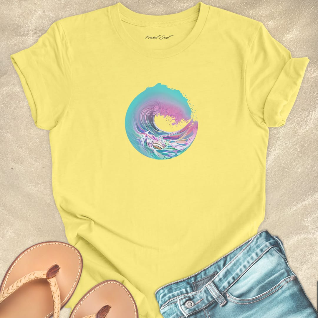 Circular wave pink teal vibrant yellow t-shirt for ocean flow and surrender.