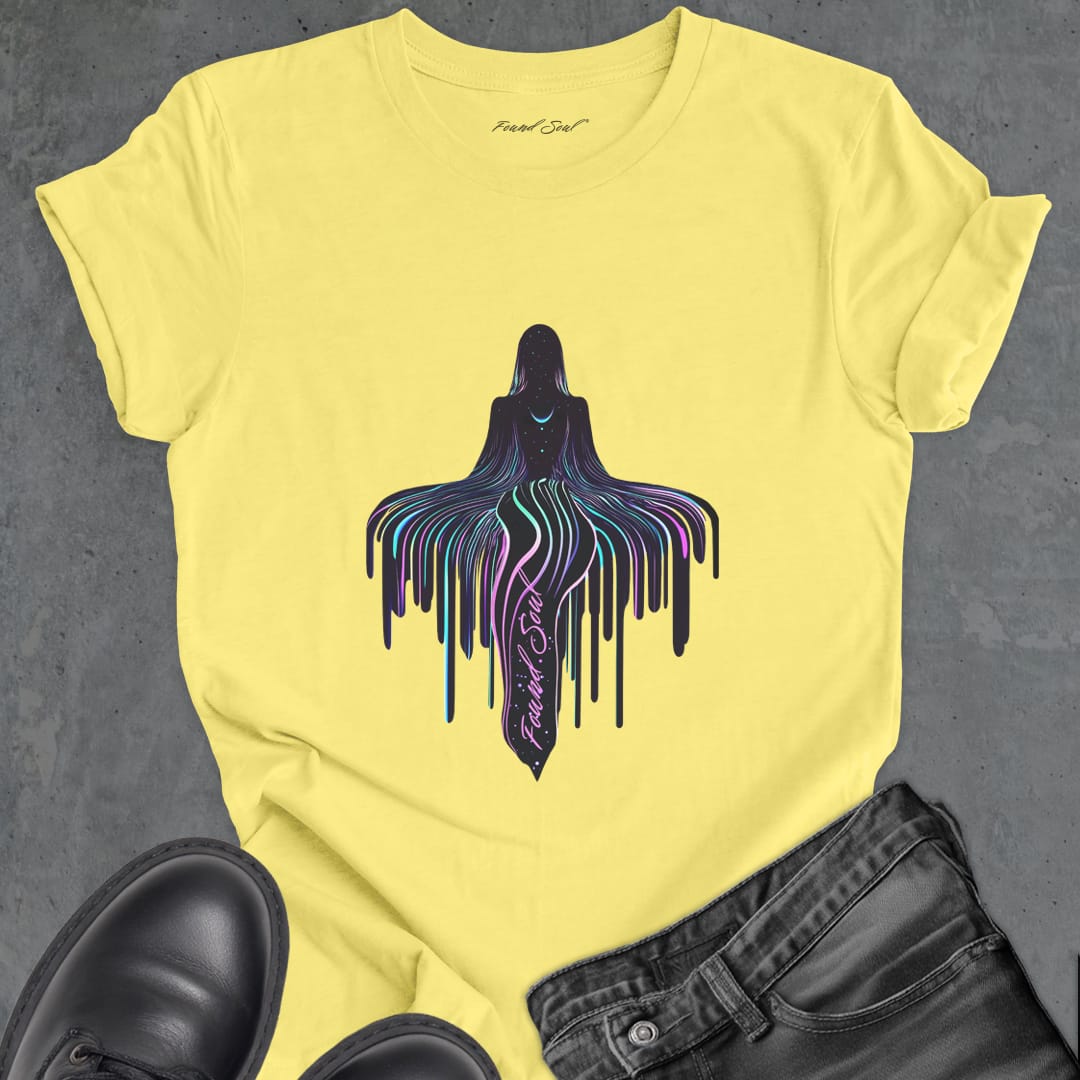Dripping cosmic energy on yellow t-shirt for meditation surrender levitation spiritual rising