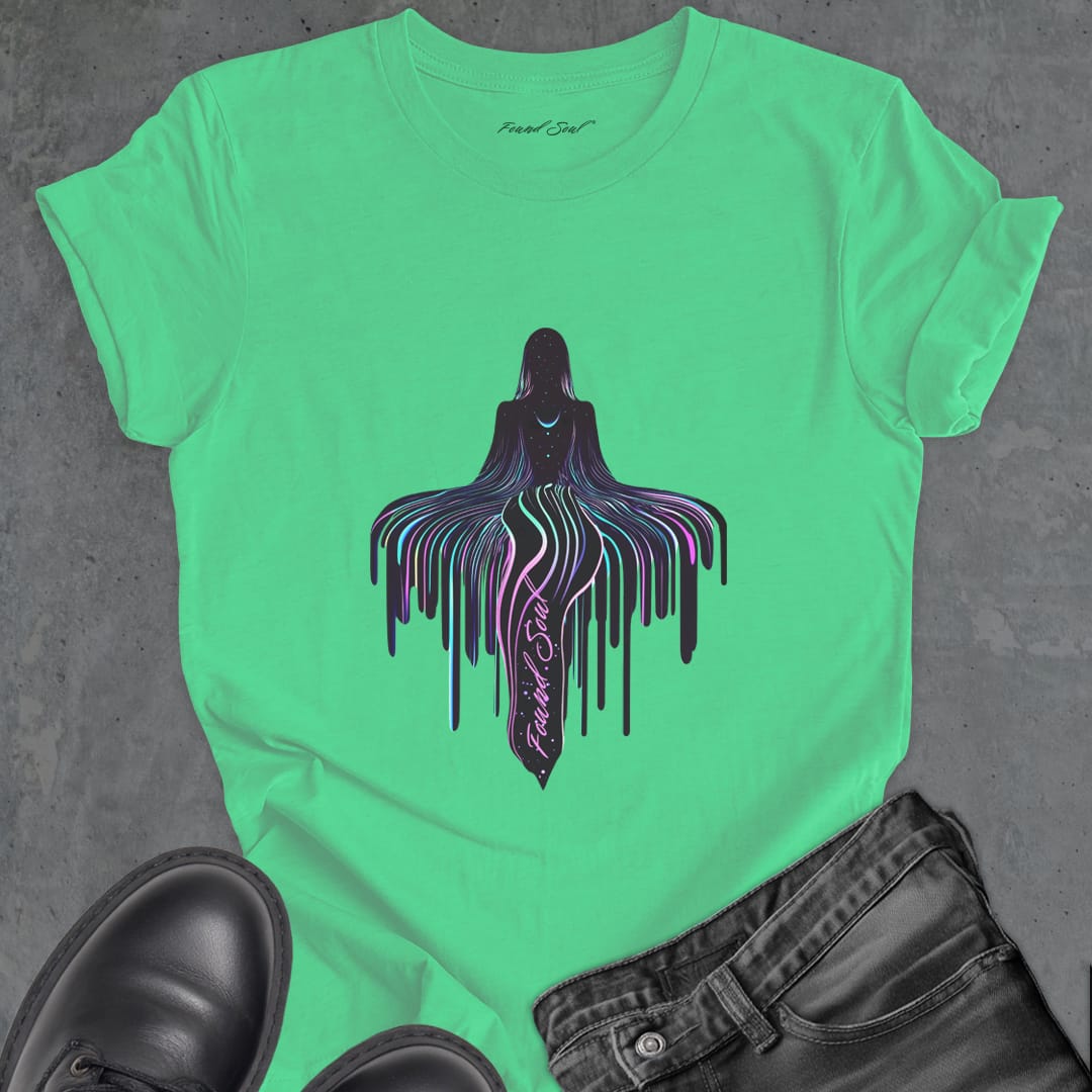 Dripping cosmic energy on green t-shirt for meditation surrender levitation spiritual rising