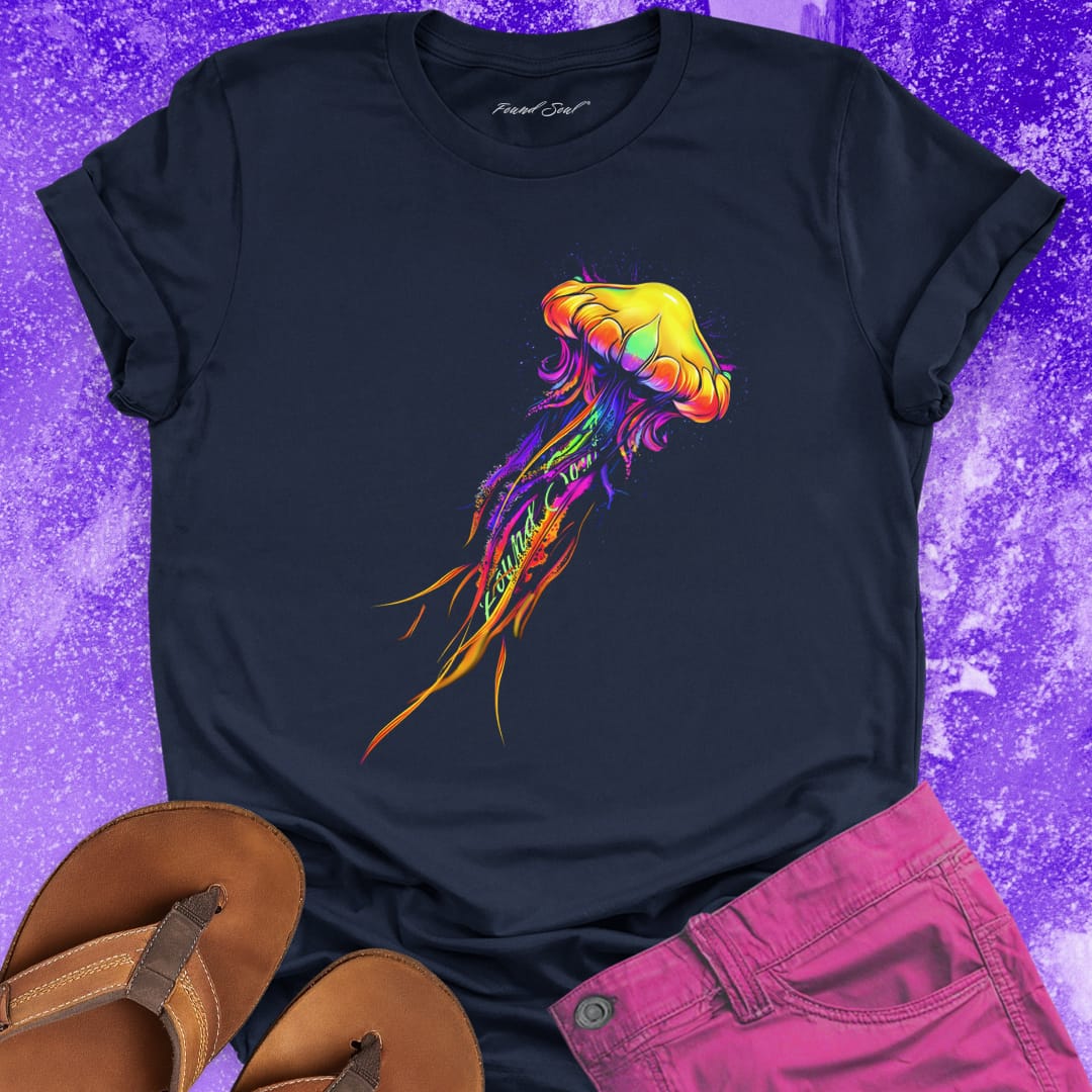 Graphic jellyfish purple and gold navy t-shirt.