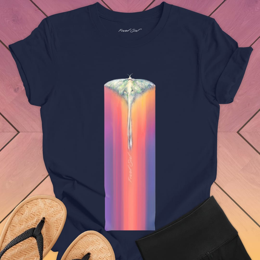 Luminous moth with extended wings gliding through navy t-shirt for lunar journey frequency travel spiritual transition