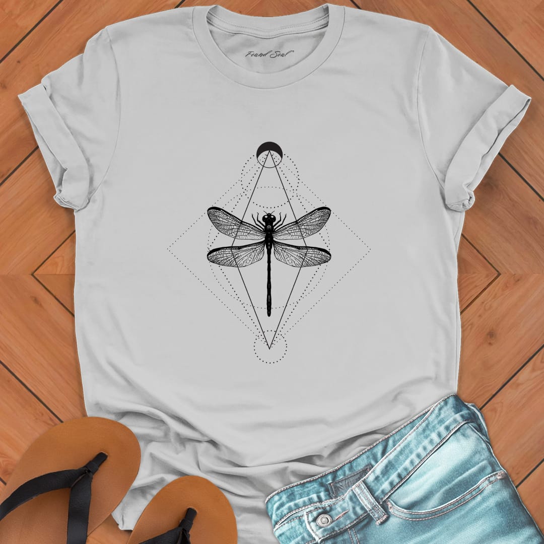 Minimalist geometric dragonfly with cosmic patterns on ice grey t-shirt for transformation metamorphosis patient change spiritual growth