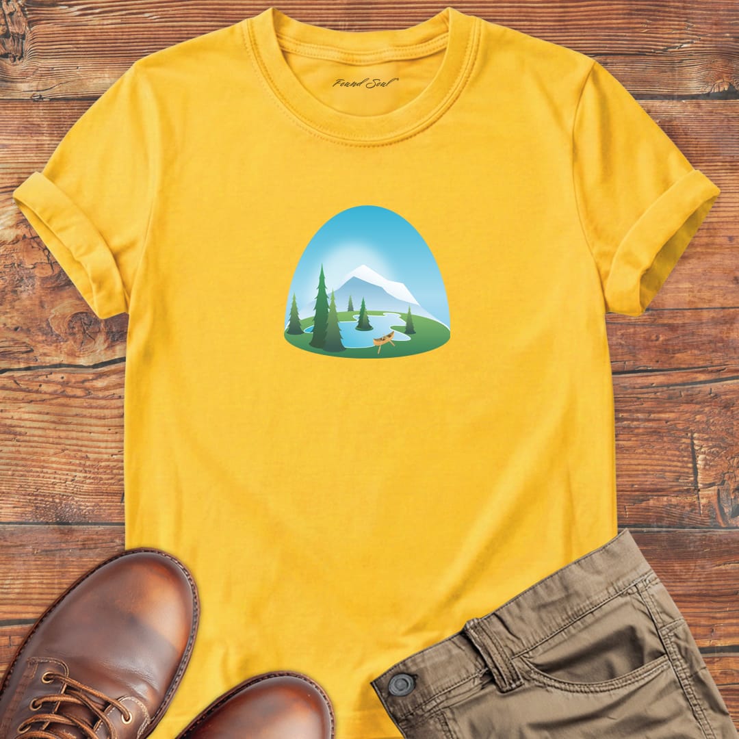 Mountain landscape with forest silhouettes in green tones on yellow t-shirt for mountain home wilderness haven nature soul
