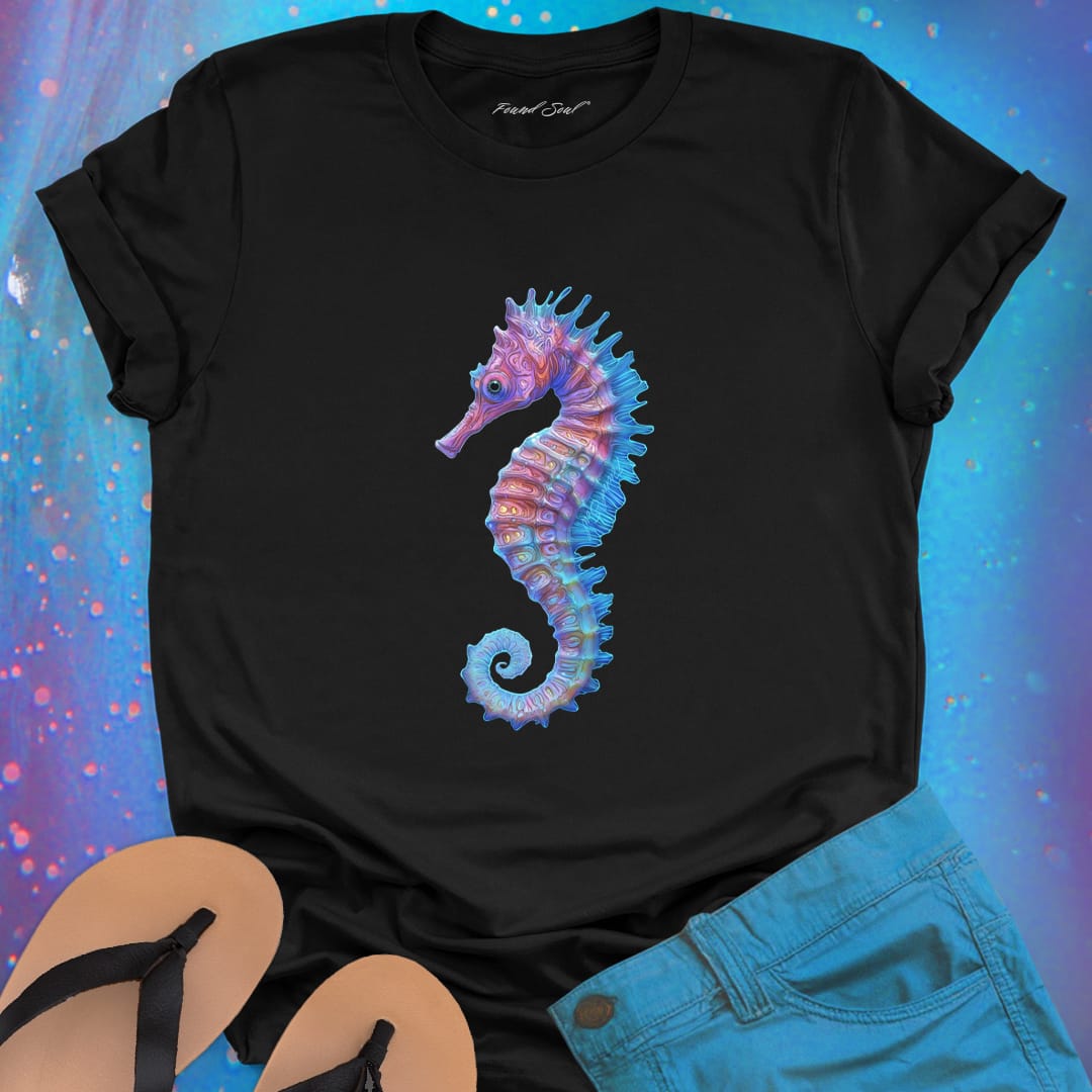 Purple and blue seahorse black t-shirt for gentle strength and ocean grace.