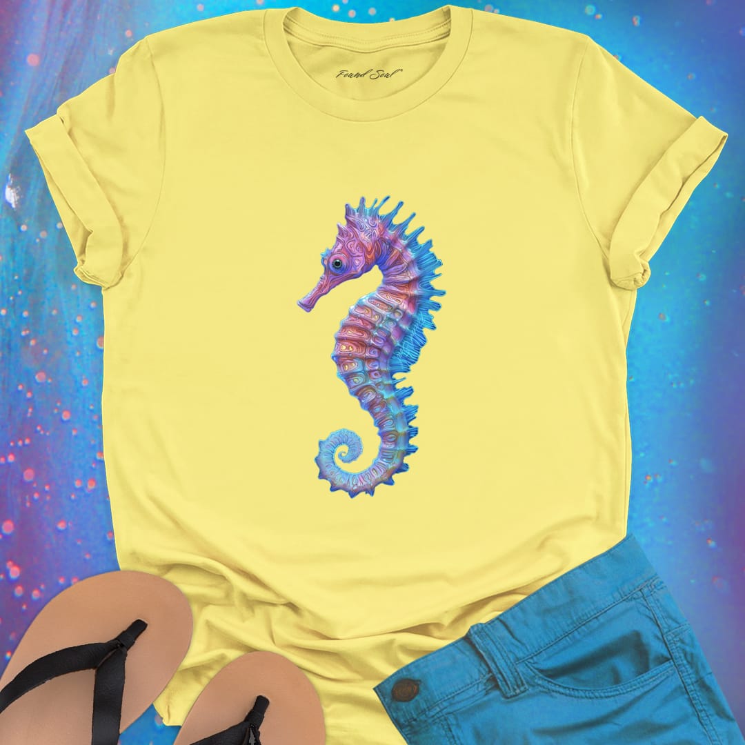 Purple and blue seahorse yellow t-shirt for gentle strength and ocean grace.